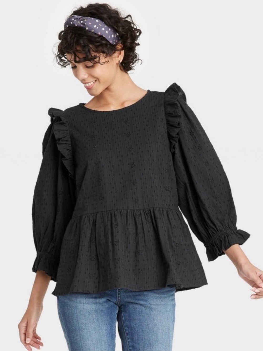 4/$25 SALE Universal Thread Black Ruffle Peplum Top with Puff Sleeves